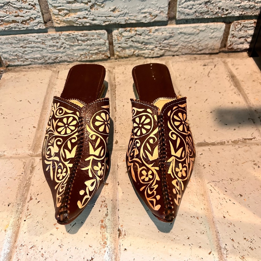 A-Kassimi Brown Leather Floral Cut Out Pointed Toe Mules Moroccan Babouche Heels